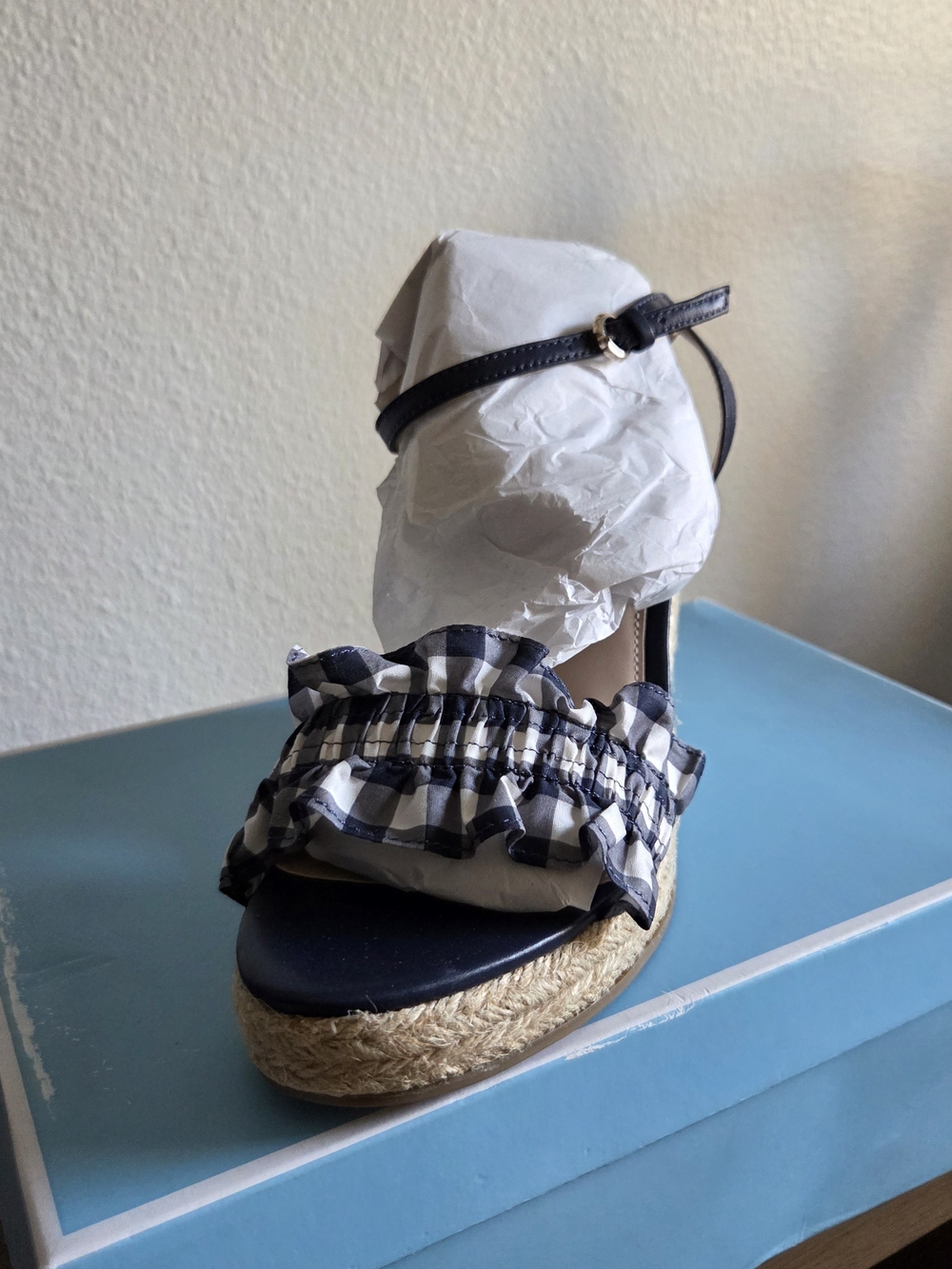 Draper James Womens Blue Gingham Ruffle Espadrille Sandals